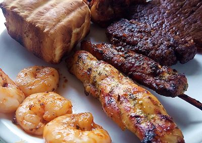 BBQ Prawn, Chicken kebabs, wings and steak